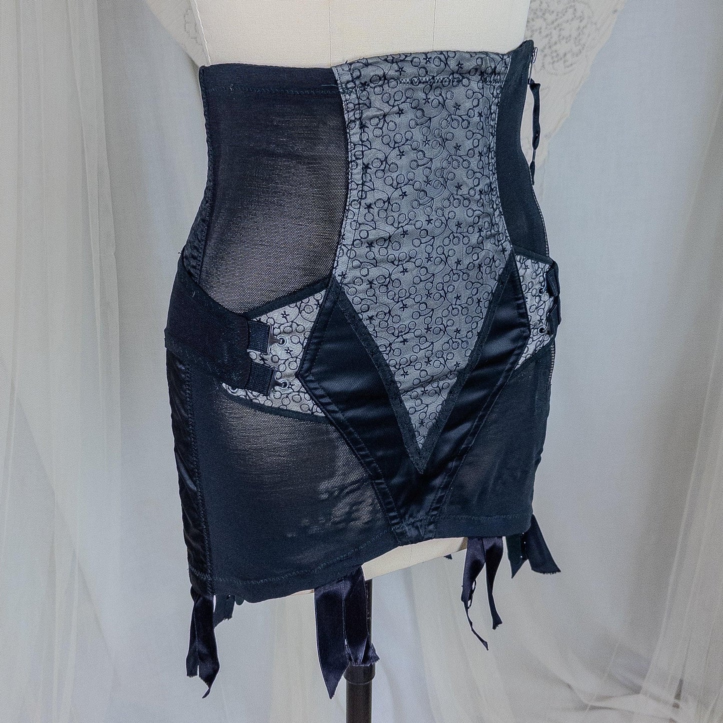 Vintage 1950's Girdle - Black Mesh with Embroidered Chiffon & Rayon Satin Panels by Camp | Small, Medium