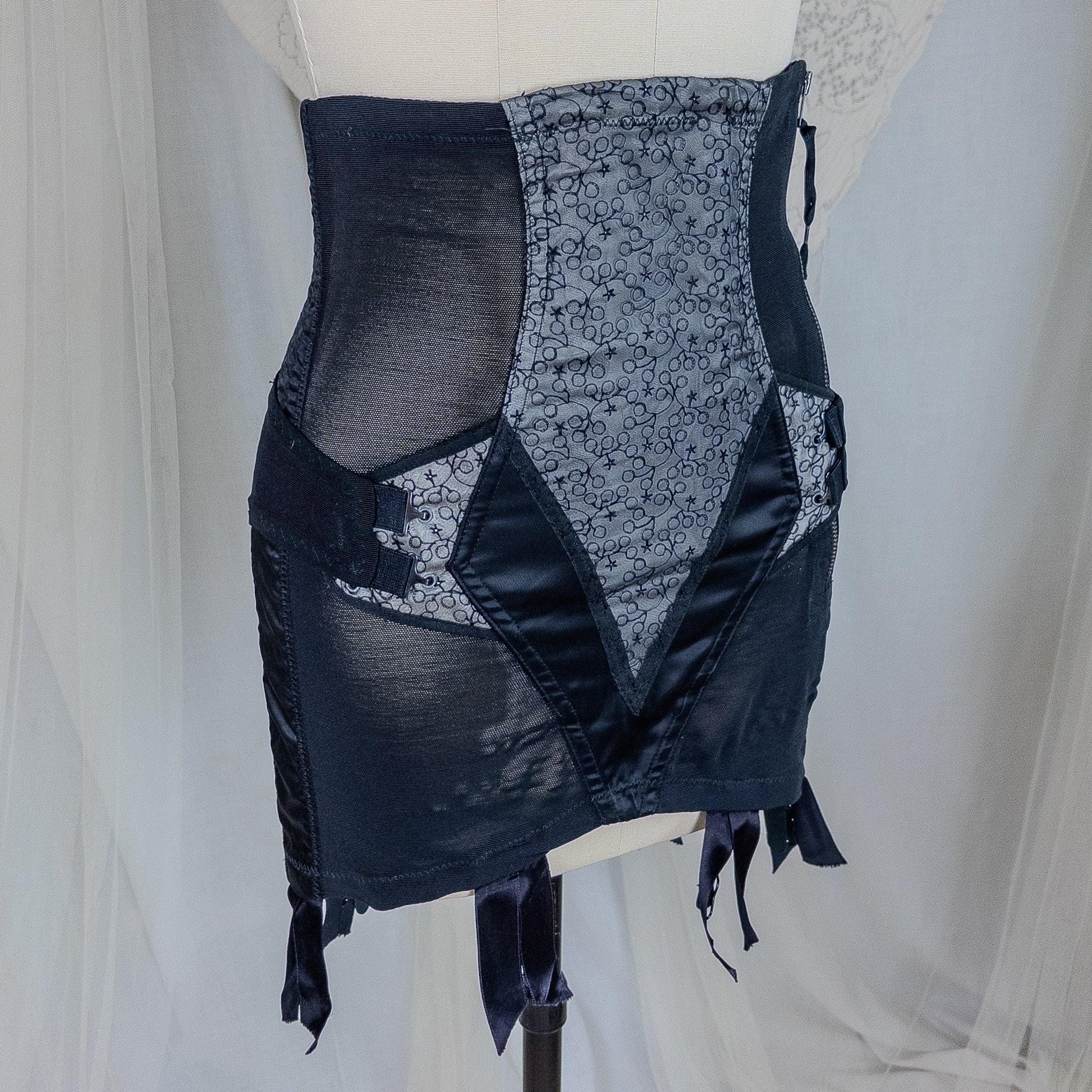 Vintage 1950's Girdle - Black Mesh with Embroidered Chiffon & Rayon Satin Panels by Camp | Small, Medium