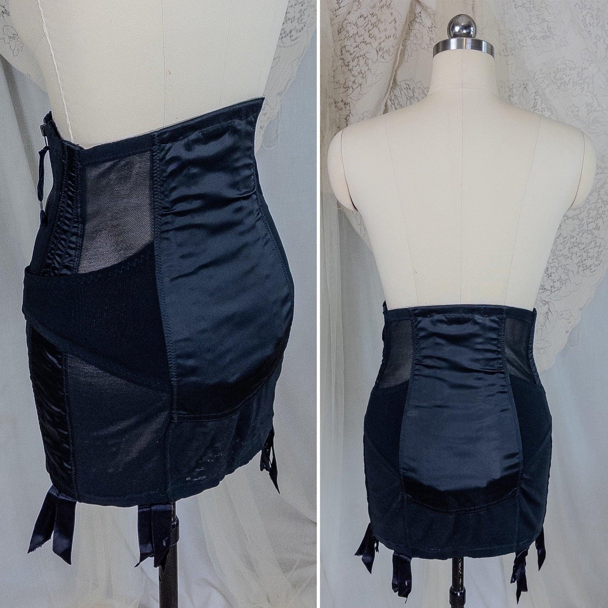 Vintage 1950's Girdle - Black Mesh with Embroidered Chiffon & Rayon Satin Panels by Camp | Small, Medium