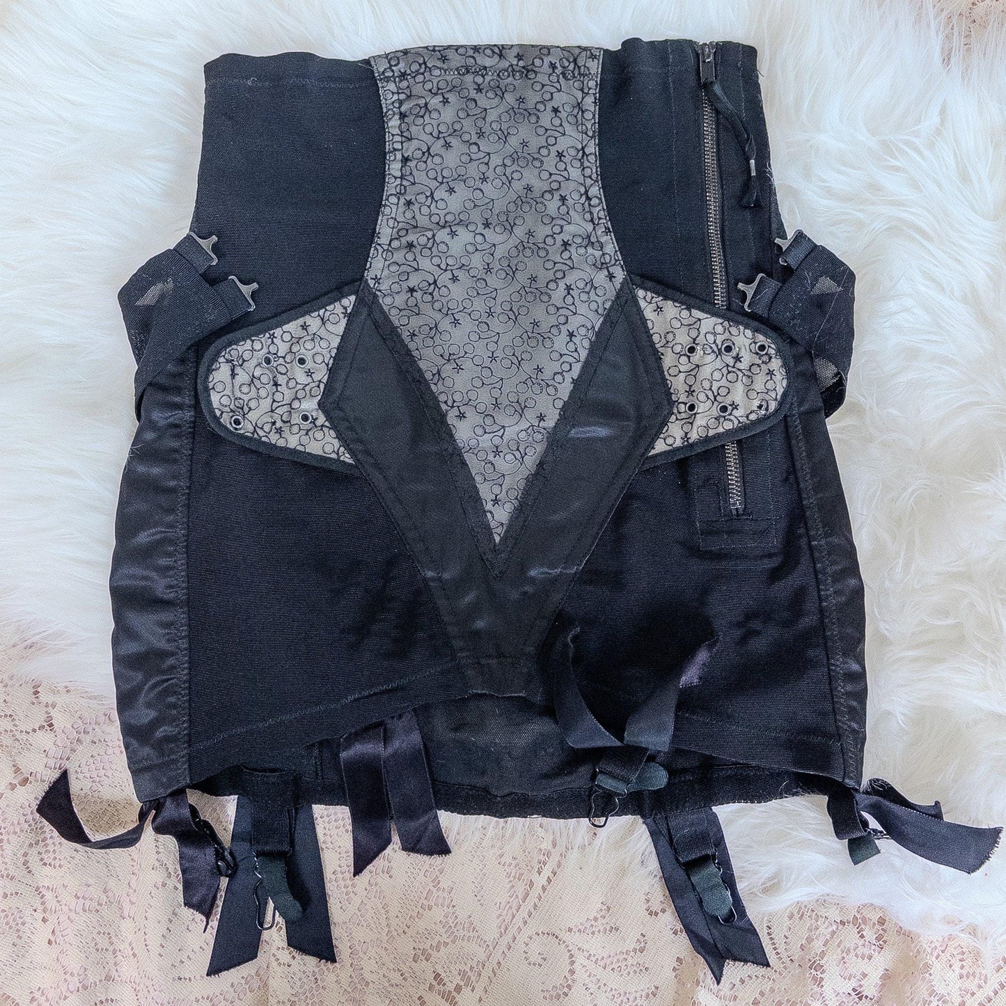 Vintage 1950's Girdle - Black Mesh with Embroidered Chiffon & Rayon Satin Panels by Camp | Small, Medium