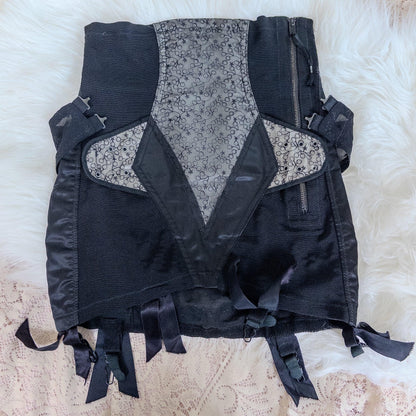 Vintage 1950's Girdle - Black Mesh with Embroidered Chiffon & Rayon Satin Panels by Camp | Small, Medium