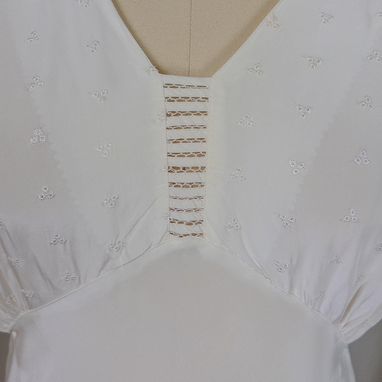 Vintage 1940's Nightgown - Bright White Rayon Crepe with Eyelet Embroidery & Scalloped Hem | Small, Medium - Daggers & Dames