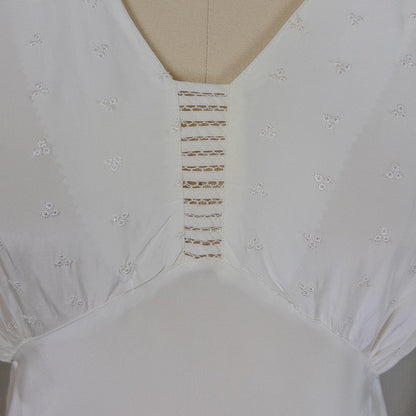 Vintage 1940's Nightgown - Bright White Rayon Crepe with Eyelet Embroidery & Scalloped Hem | Small, Medium - Daggers & Dames