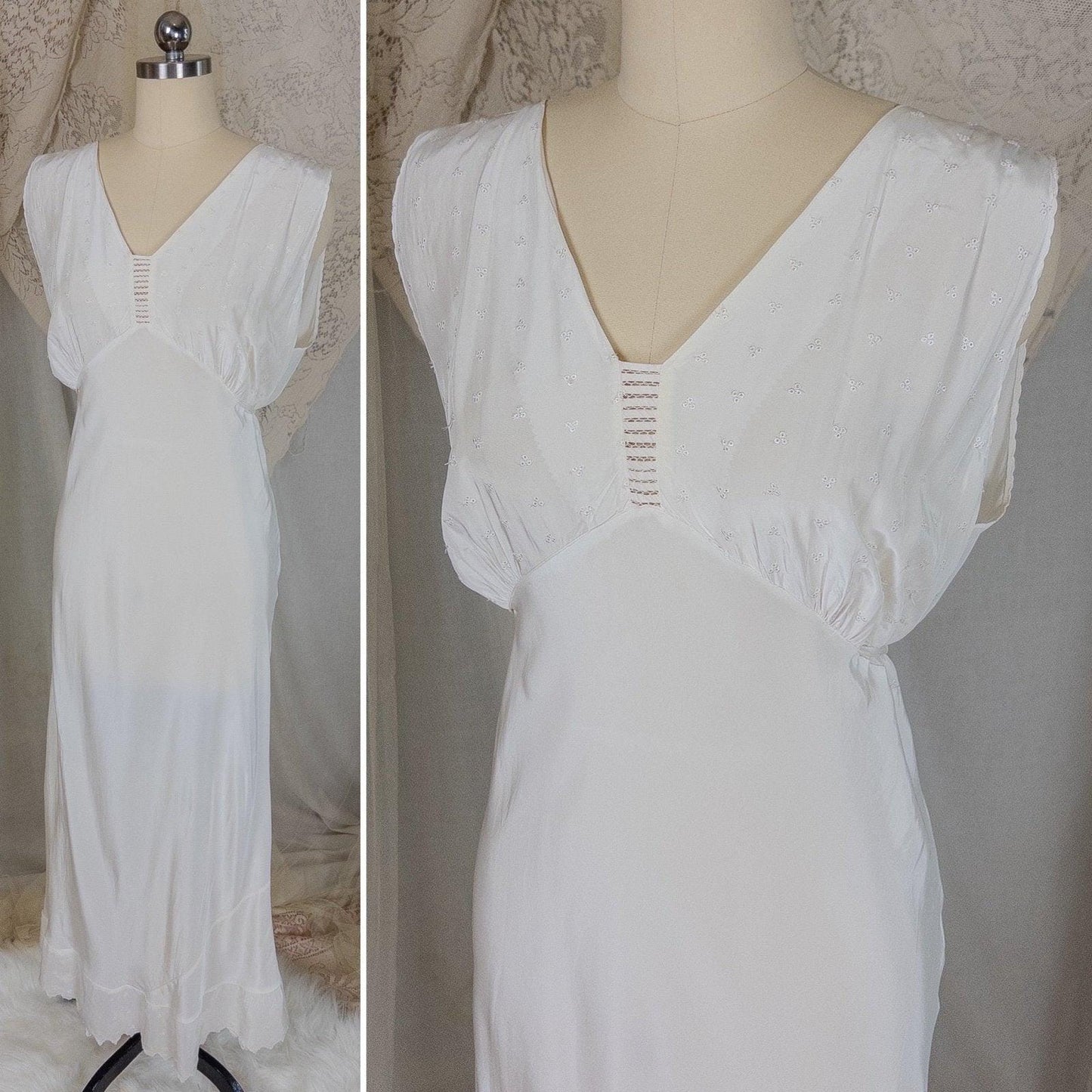 Vintage 1940's Nightgown - Bright White Rayon Crepe with Eyelet Embroidery & Scalloped Hem | Small, Medium - Daggers & Dames