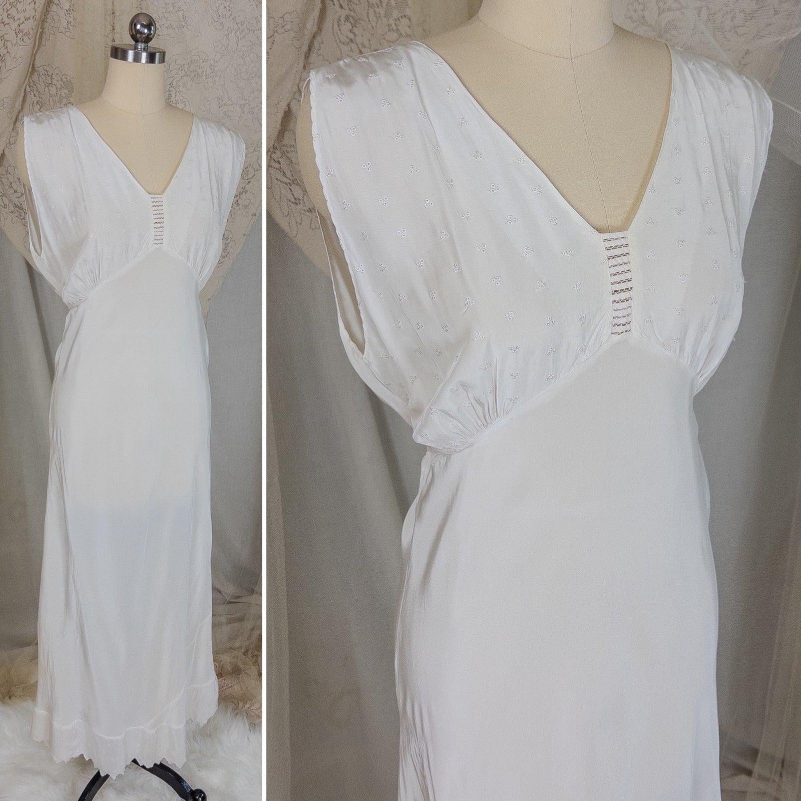 Vintage 1940's Nightgown - Bright White Rayon Crepe with Eyelet Embroidery & Scalloped Hem | Small, Medium - Daggers & Dames