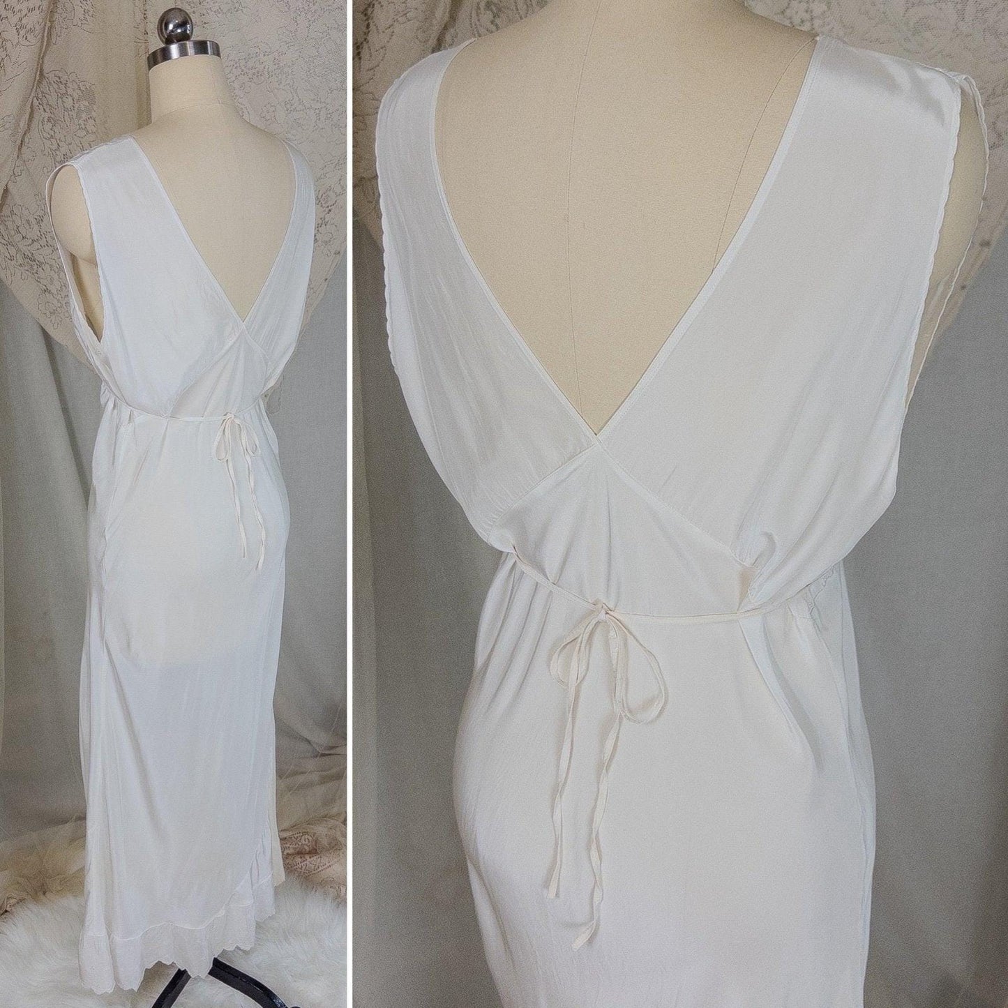 Vintage 1940's Nightgown - Bright White Rayon Crepe with Eyelet Embroidery & Scalloped Hem | Small, Medium - Daggers & Dames