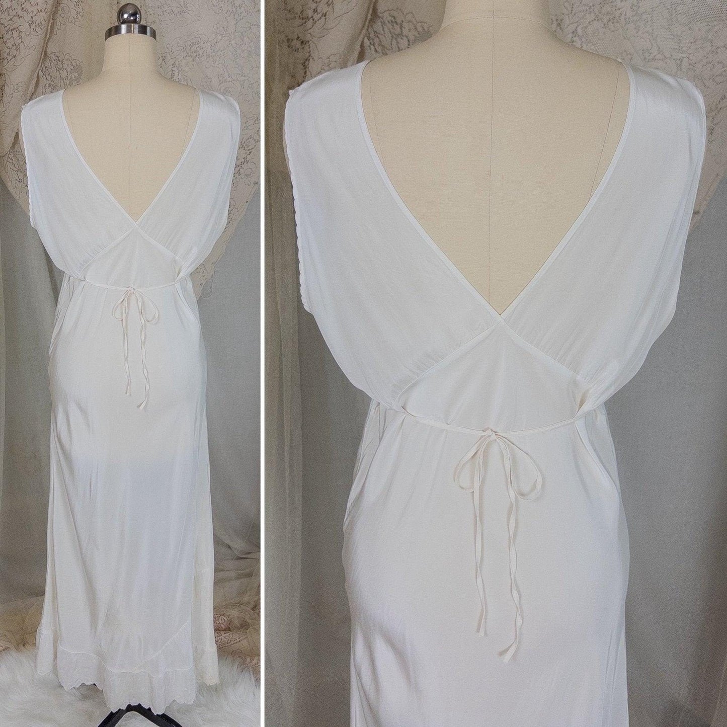 Vintage 1940's Nightgown - Bright White Rayon Crepe with Eyelet Embroidery & Scalloped Hem | Small, Medium - Daggers & Dames