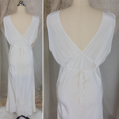 Vintage 1940's Nightgown - Bright White Rayon Crepe with Eyelet Embroidery & Scalloped Hem | Small, Medium - Daggers & Dames