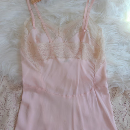 1940's Slip - Rose Pink Rayon with Diamond Insert & Nude Lace by Mojud, New with Tags | XXS, XS