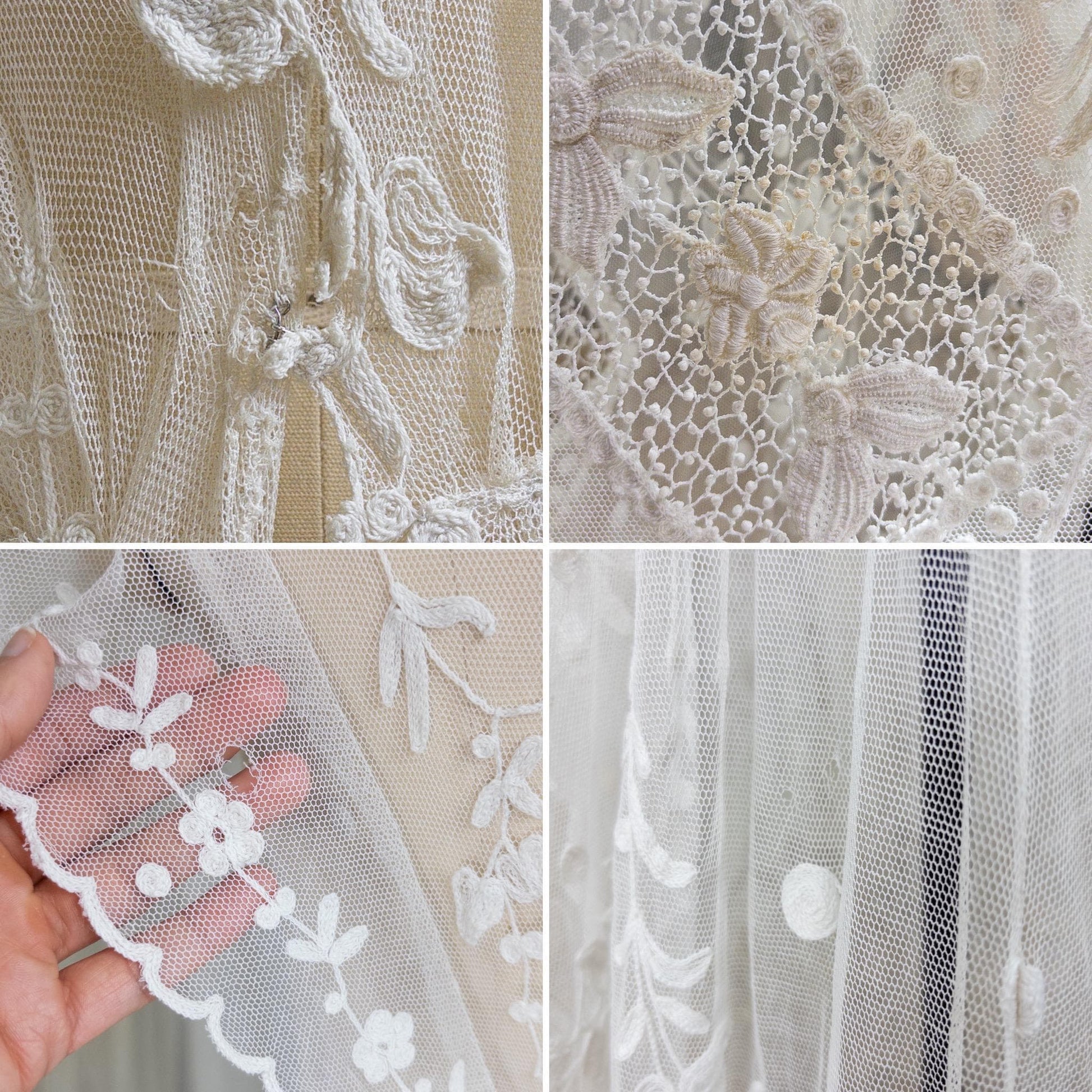 Antique 1910s Edwardian Wedding Dress - White Cotton Mixed Lace with Floral Embroidery | Small, Medium