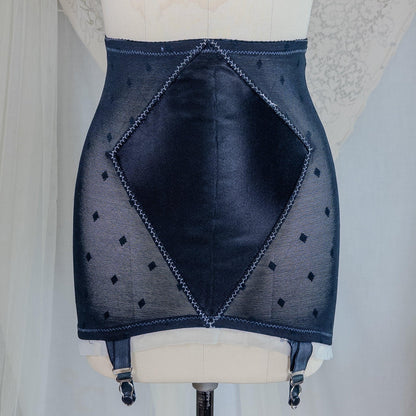 Vintage 1950's Girdle - Black Diamond Print Mesh with Ruffled White Chiffon & Satin Panels by Lily of France, Enhance | XS, Small