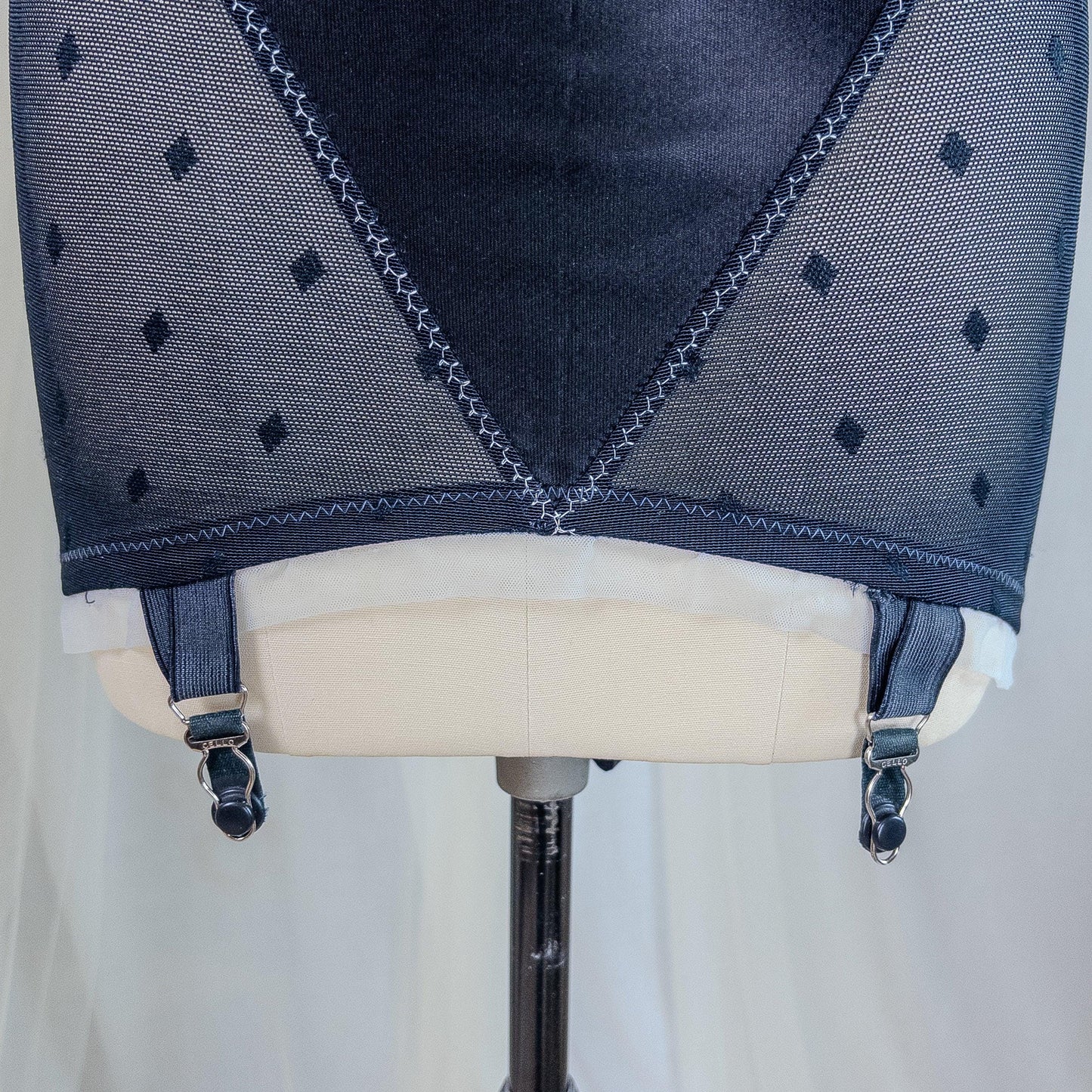 Vintage 1950's Girdle - Black Diamond Print Mesh with Ruffled White Chiffon & Satin Panels by Lily of France, Enhance | XS, Small