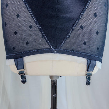 Vintage 1950's Girdle - Black Diamond Print Mesh with Ruffled White Chiffon & Satin Panels by Lily of France, Enhance | XS, Small