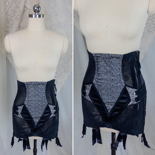 Vintage 1950's Girdle - Black Mesh with Embroidered Chiffon & Rayon Satin Panels by Camp | Small, Medium