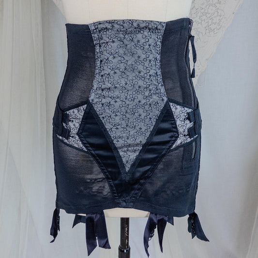 Vintage 1950's Girdle - Black Mesh with Embroidered Chiffon & Rayon Satin Panels by Camp | Small, Medium