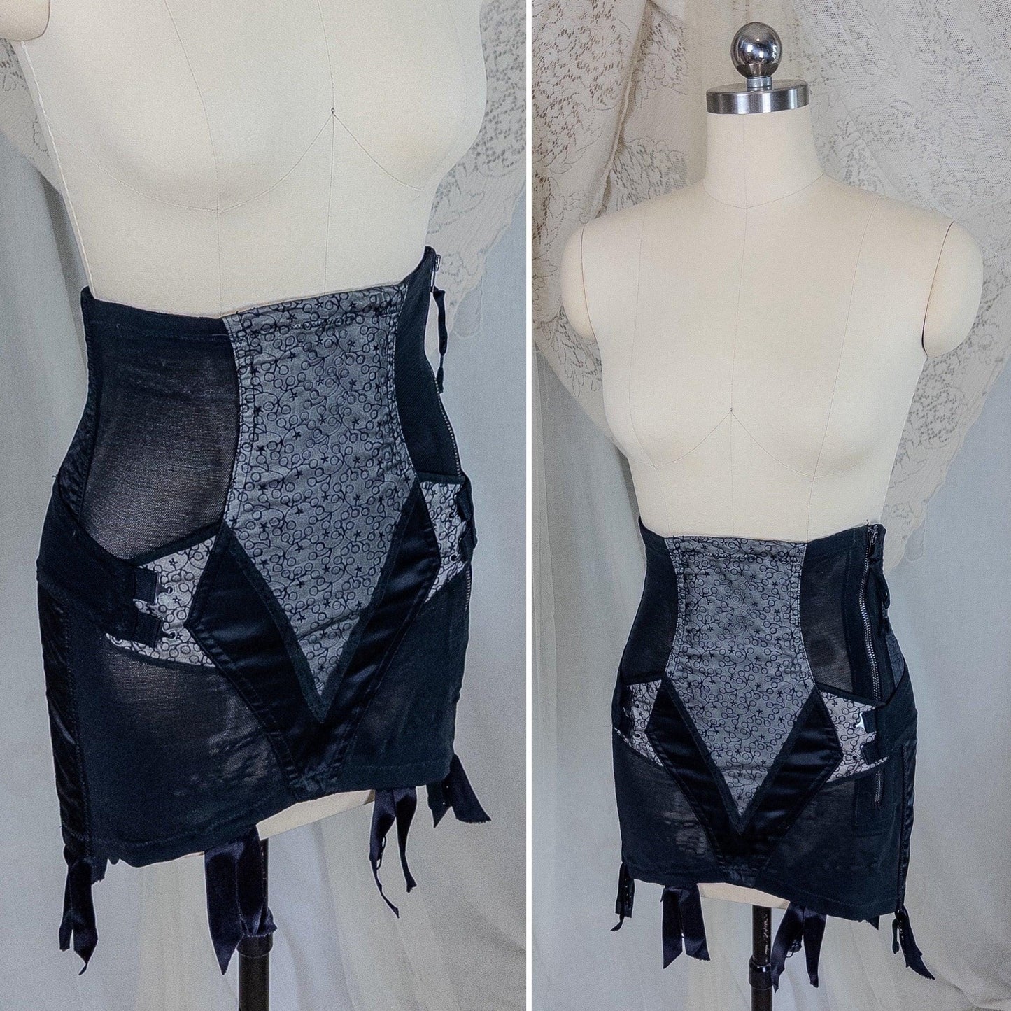 Vintage 1950's Girdle - Black Mesh with Embroidered Chiffon & Rayon Satin Panels by Camp | Small, Medium