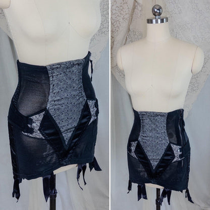 Vintage 1950's Girdle - Black Mesh with Embroidered Chiffon & Rayon Satin Panels by Camp | Small, Medium
