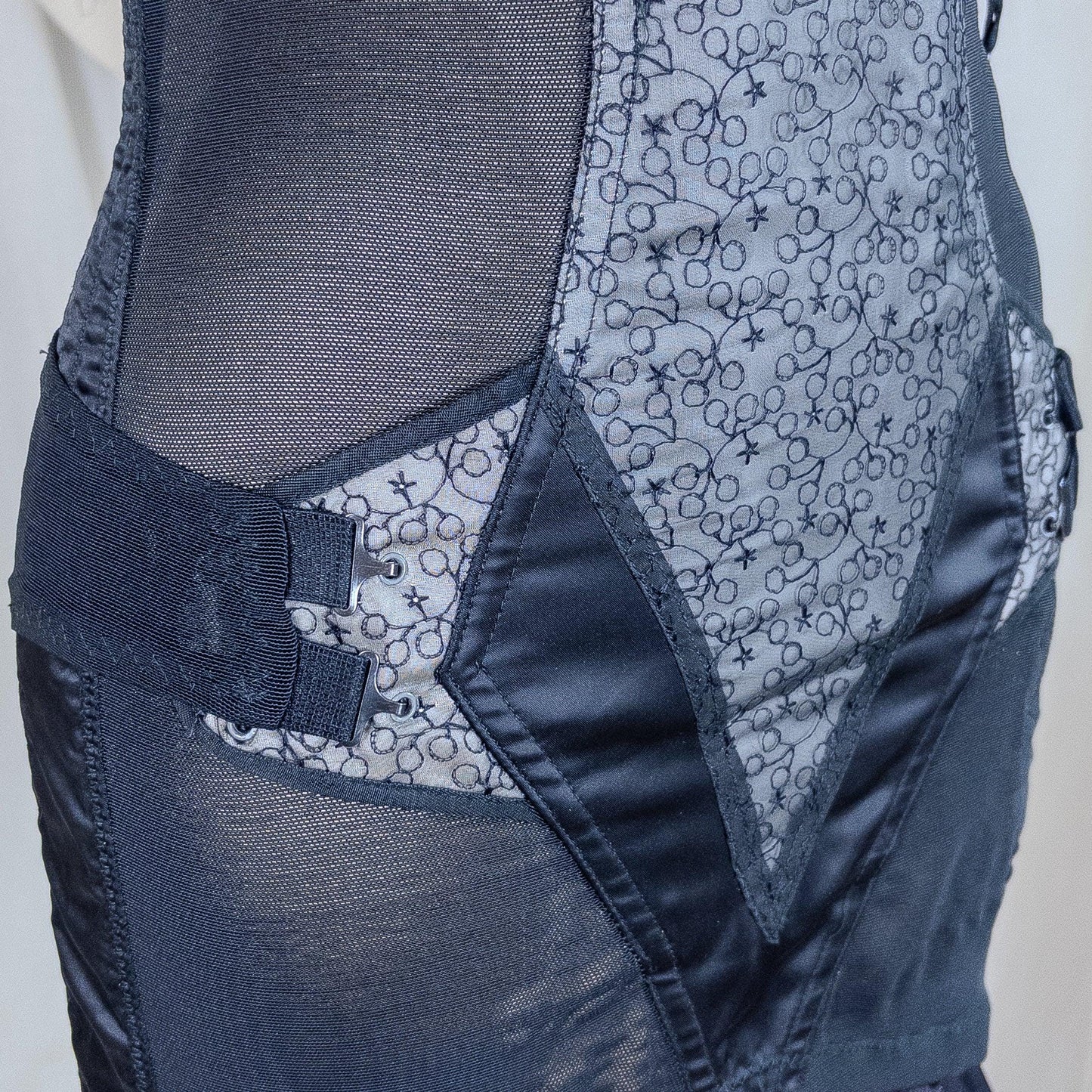 Vintage 1950's Girdle - Black Mesh with Embroidered Chiffon & Rayon Satin Panels by Camp | Small, Medium
