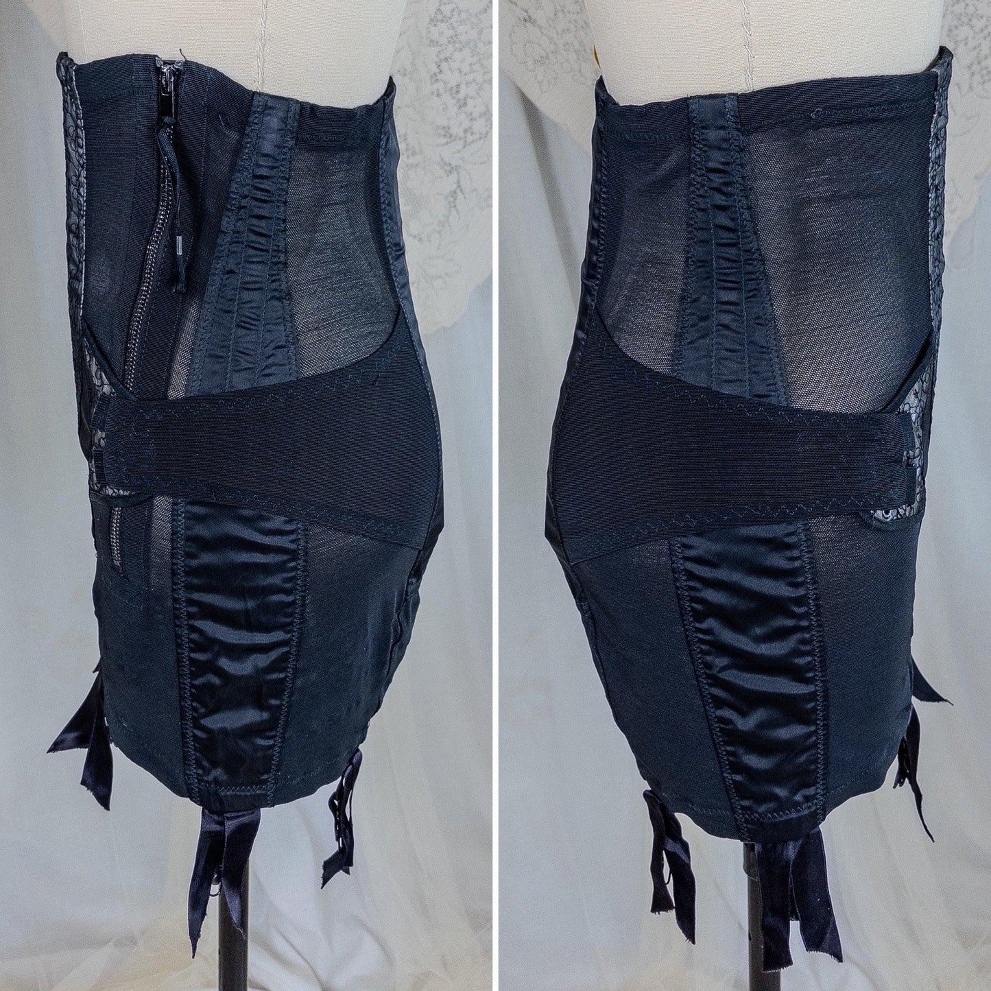 Vintage 1950's Girdle - Black Mesh with Embroidered Chiffon & Rayon Satin Panels by Camp | Small, Medium