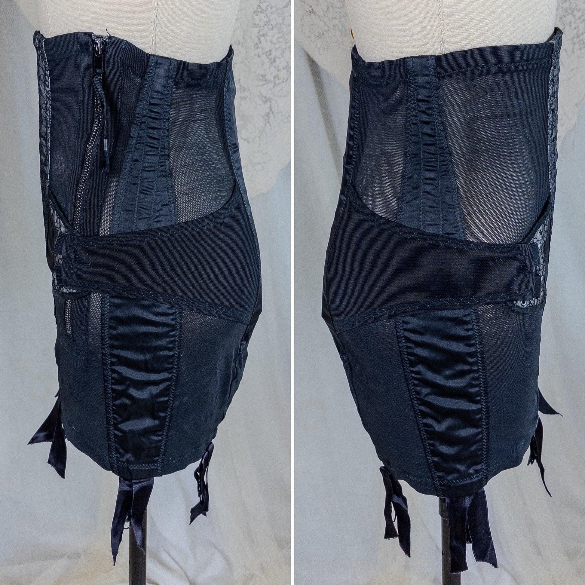 Vintage 1950's Girdle - Black Mesh with Embroidered Chiffon & Rayon Satin Panels by Camp | Small, Medium