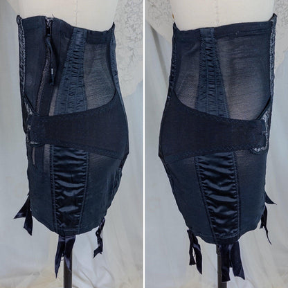 Vintage 1950's Girdle - Black Mesh with Embroidered Chiffon & Rayon Satin Panels by Camp | Small, Medium