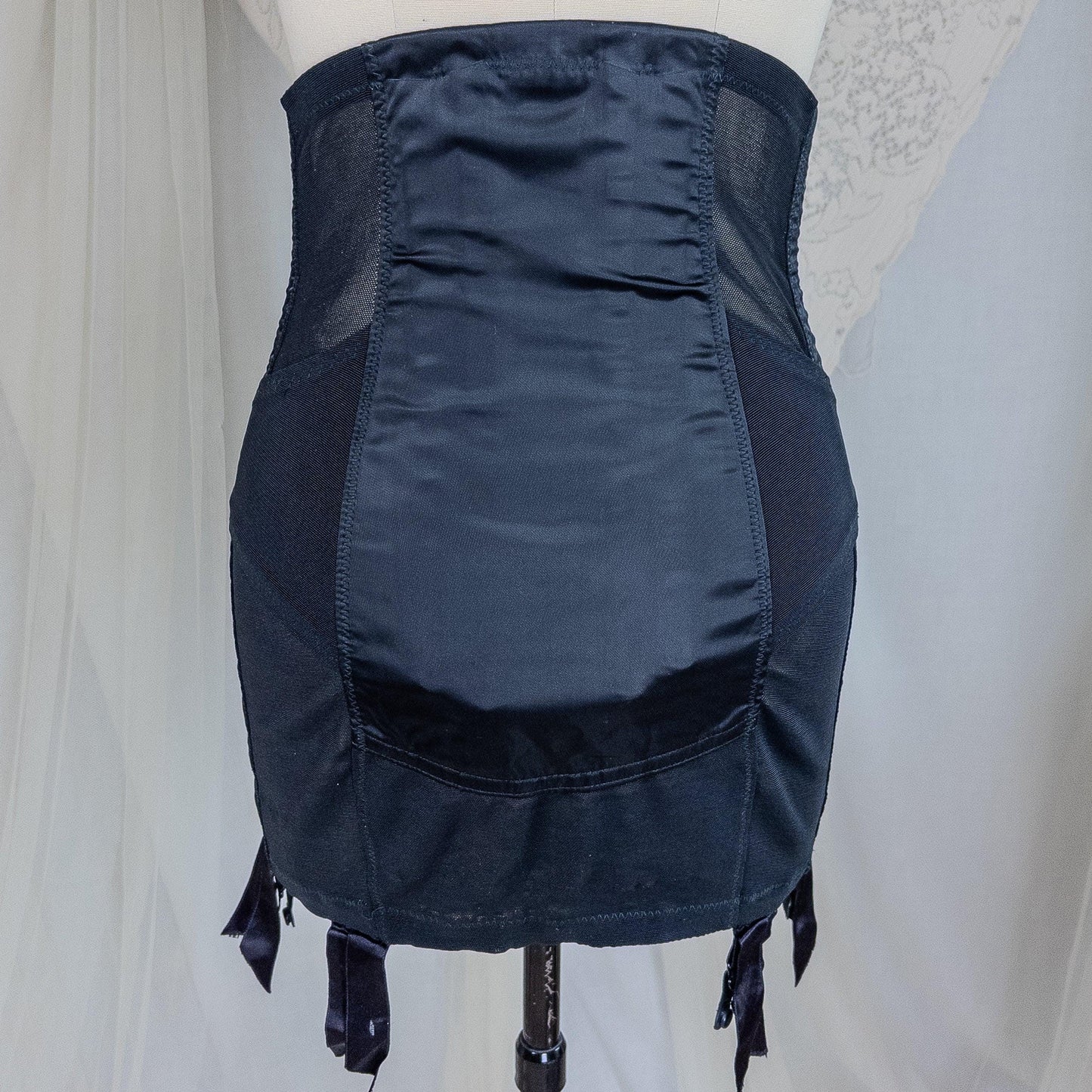 Vintage 1950's Girdle - Black Mesh with Embroidered Chiffon & Rayon Satin Panels by Camp | Small, Medium
