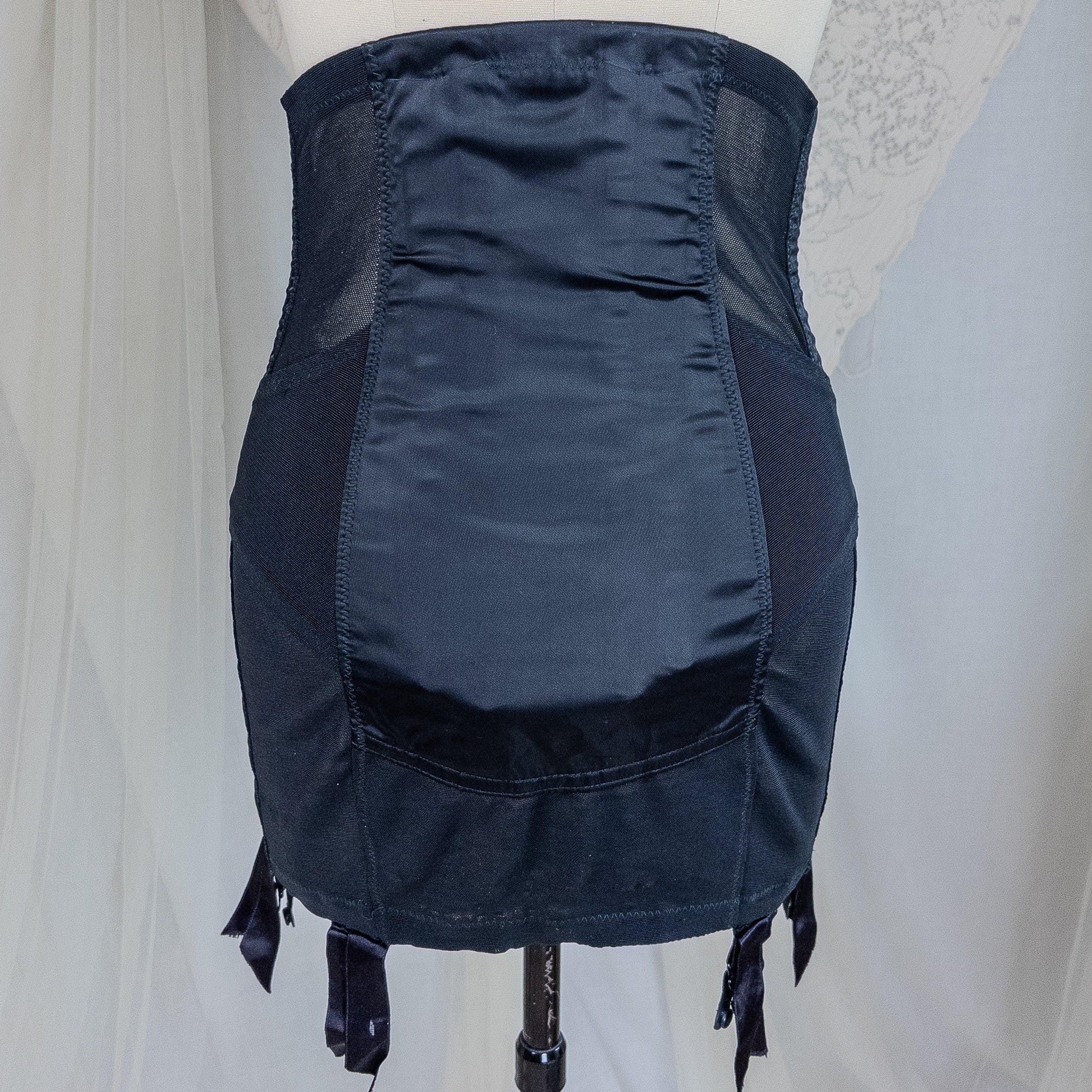 Vintage 1950's Girdle - Black Mesh with Embroidered Chiffon & Rayon Satin Panels by Camp | Small, Medium