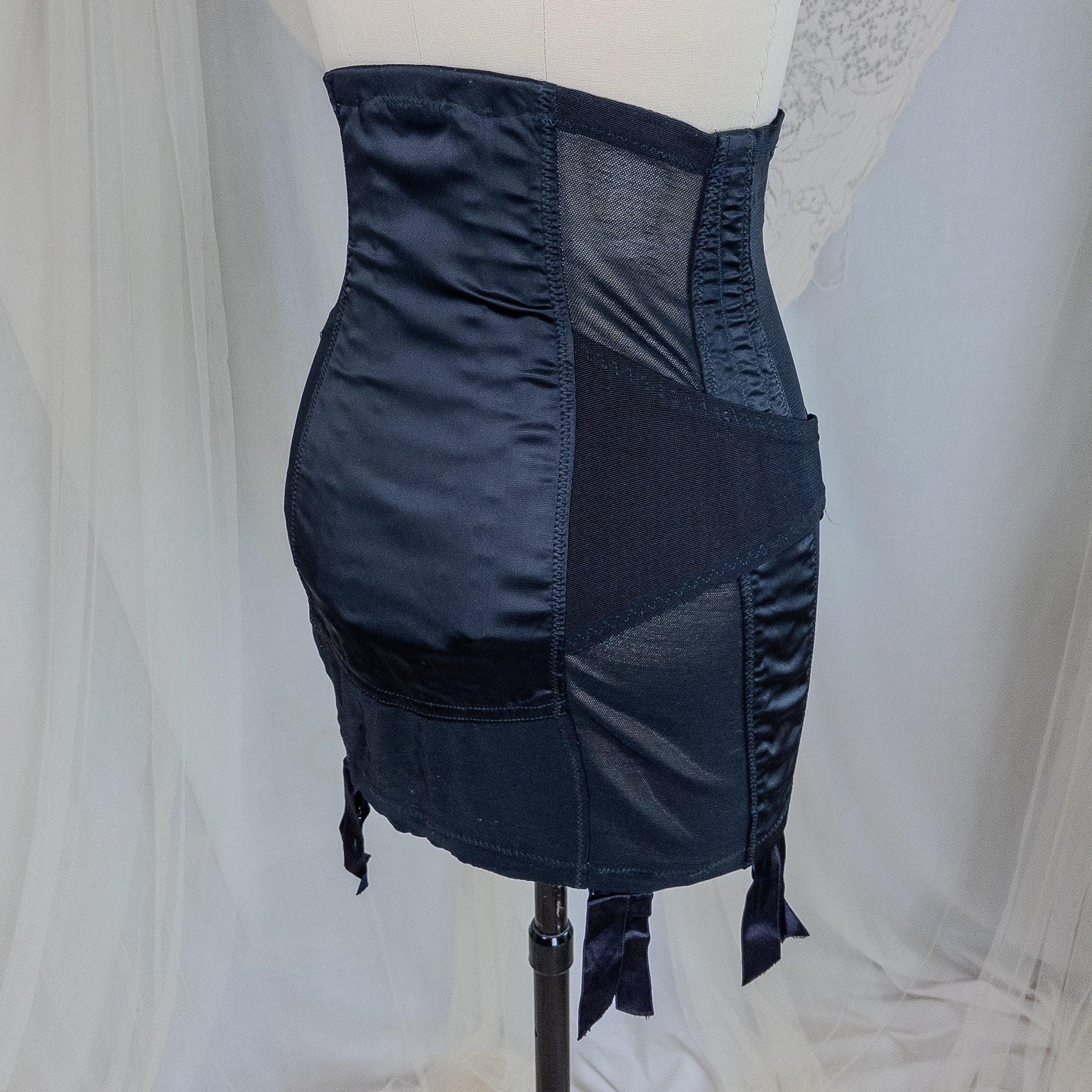 Vintage 1950's Girdle - Black Mesh with Embroidered Chiffon & Rayon Satin Panels by Camp | Small, Medium