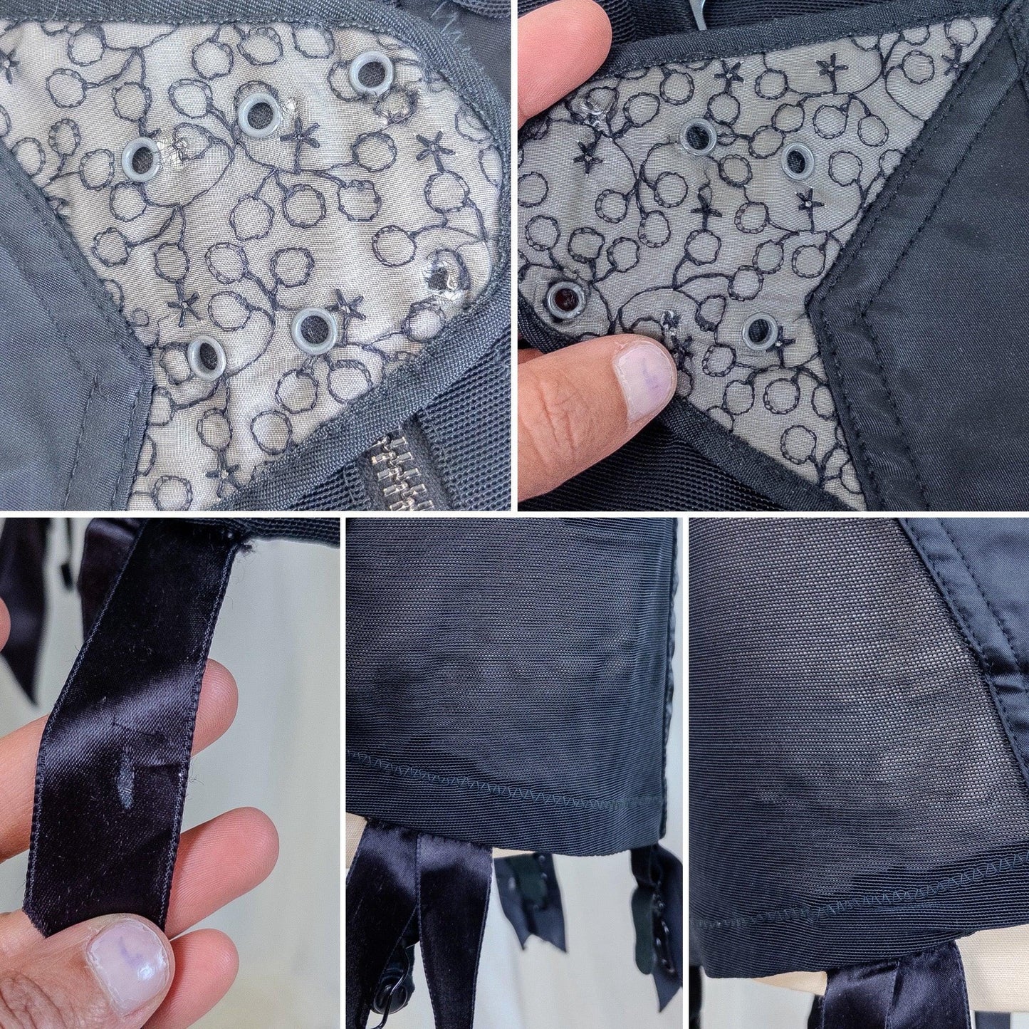 Vintage 1950's Girdle - Black Mesh with Embroidered Chiffon & Rayon Satin Panels by Camp | Small, Medium