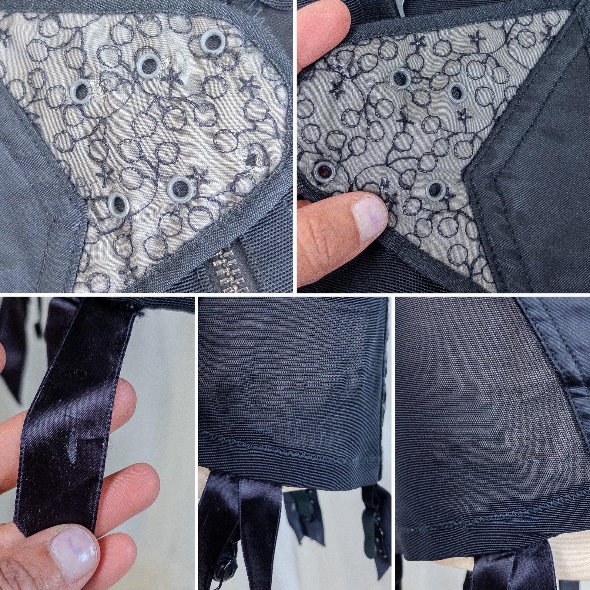 Vintage 1950's Girdle - Black Mesh with Embroidered Chiffon & Rayon Satin Panels by Camp | Small, Medium