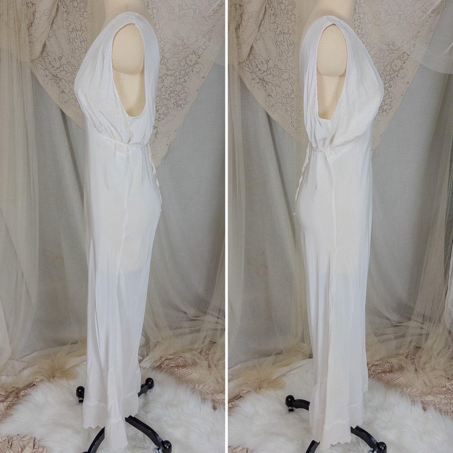 Vintage 1940's Nightgown - Bright White Rayon Crepe with Eyelet Embroidery & Scalloped Hem | Small, Medium - Daggers & Dames