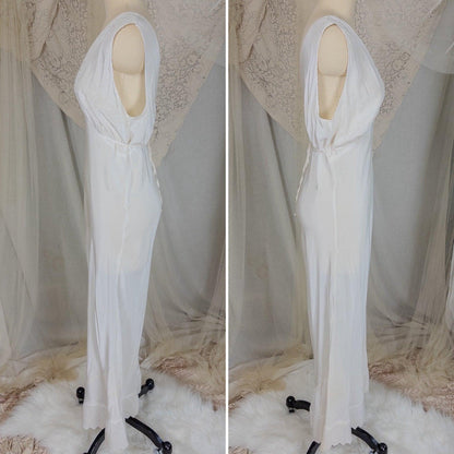 Vintage 1940's Nightgown - Bright White Rayon Crepe with Eyelet Embroidery & Scalloped Hem | Small, Medium - Daggers & Dames