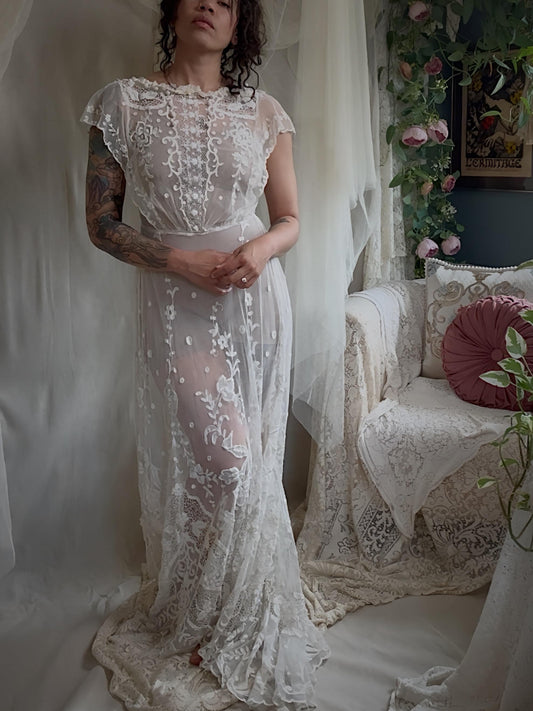 Antique 1910s Edwardian Wedding Dress - White Cotton Mixed Lace with Floral Embroidery | Small, Medium