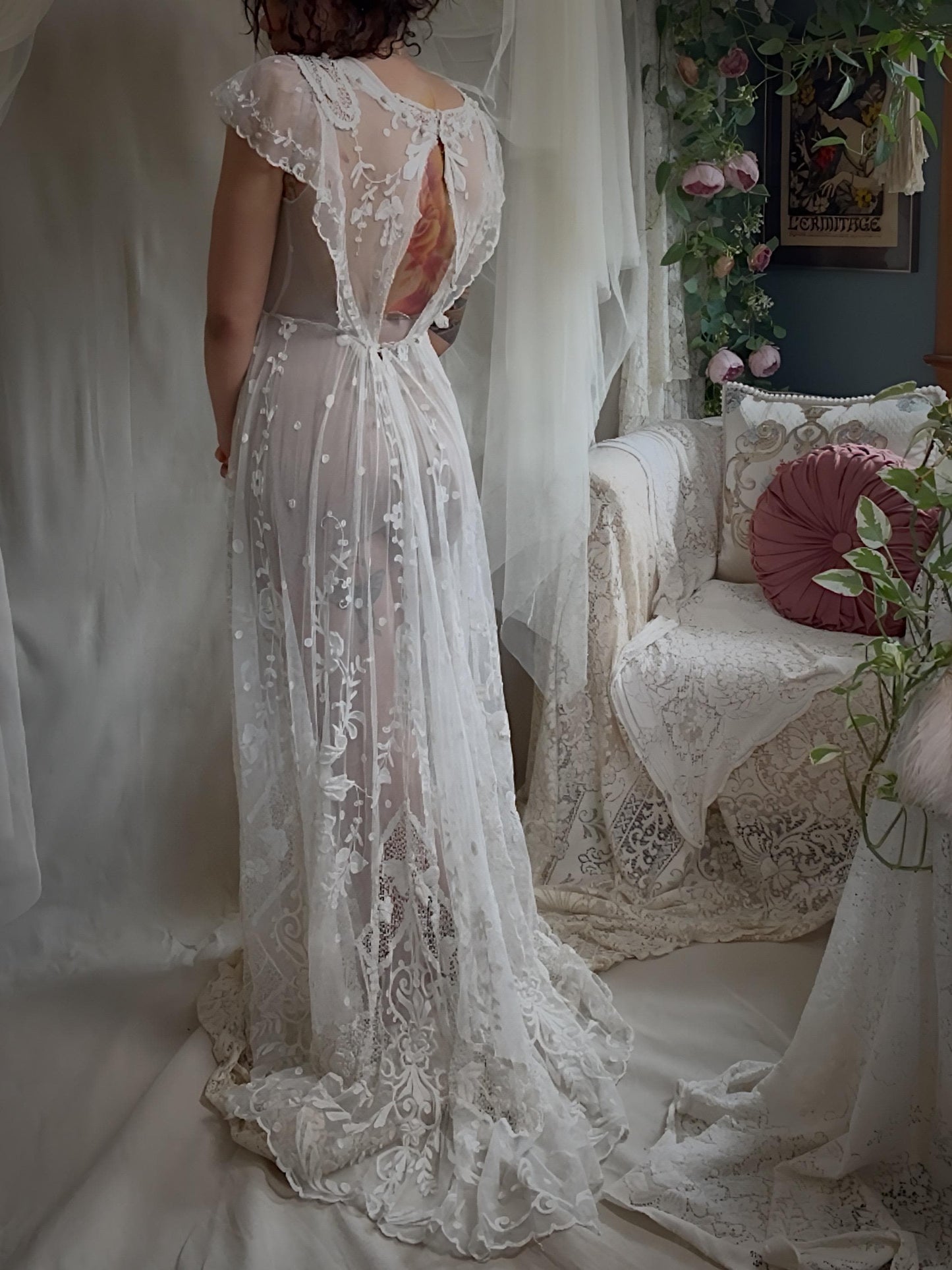 Antique 1910s Edwardian Wedding Dress - White Cotton Mixed Lace with Floral Embroidery | Small, Medium