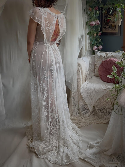 Antique 1910s Edwardian Wedding Dress - White Cotton Mixed Lace with Floral Embroidery | Small, Medium