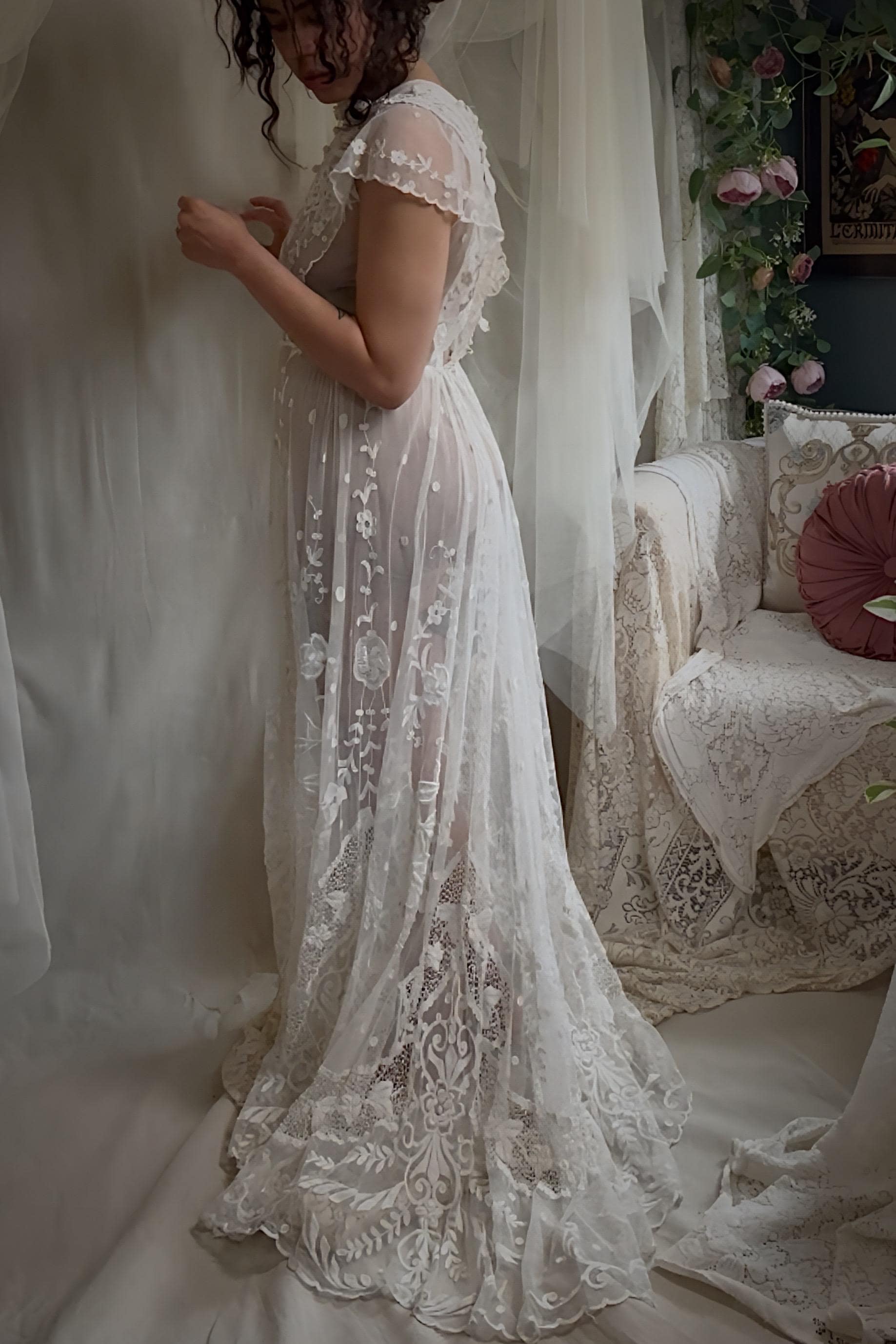 Antique 1910s Edwardian Wedding Dress - White Cotton Mixed Lace with Floral Embroidery | Small, Medium