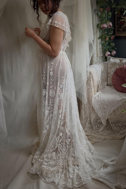 Antique 1910s Edwardian Wedding Dress - White Cotton Mixed Lace with Floral Embroidery | Small, Medium