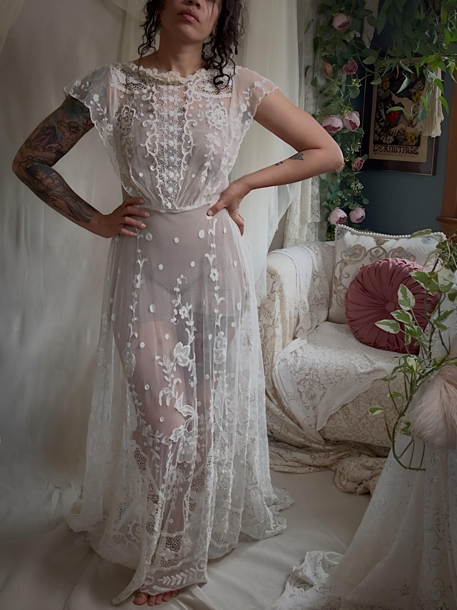 Antique 1910s Edwardian Wedding Dress - White Cotton Mixed Lace with Floral Embroidery | Small, Medium