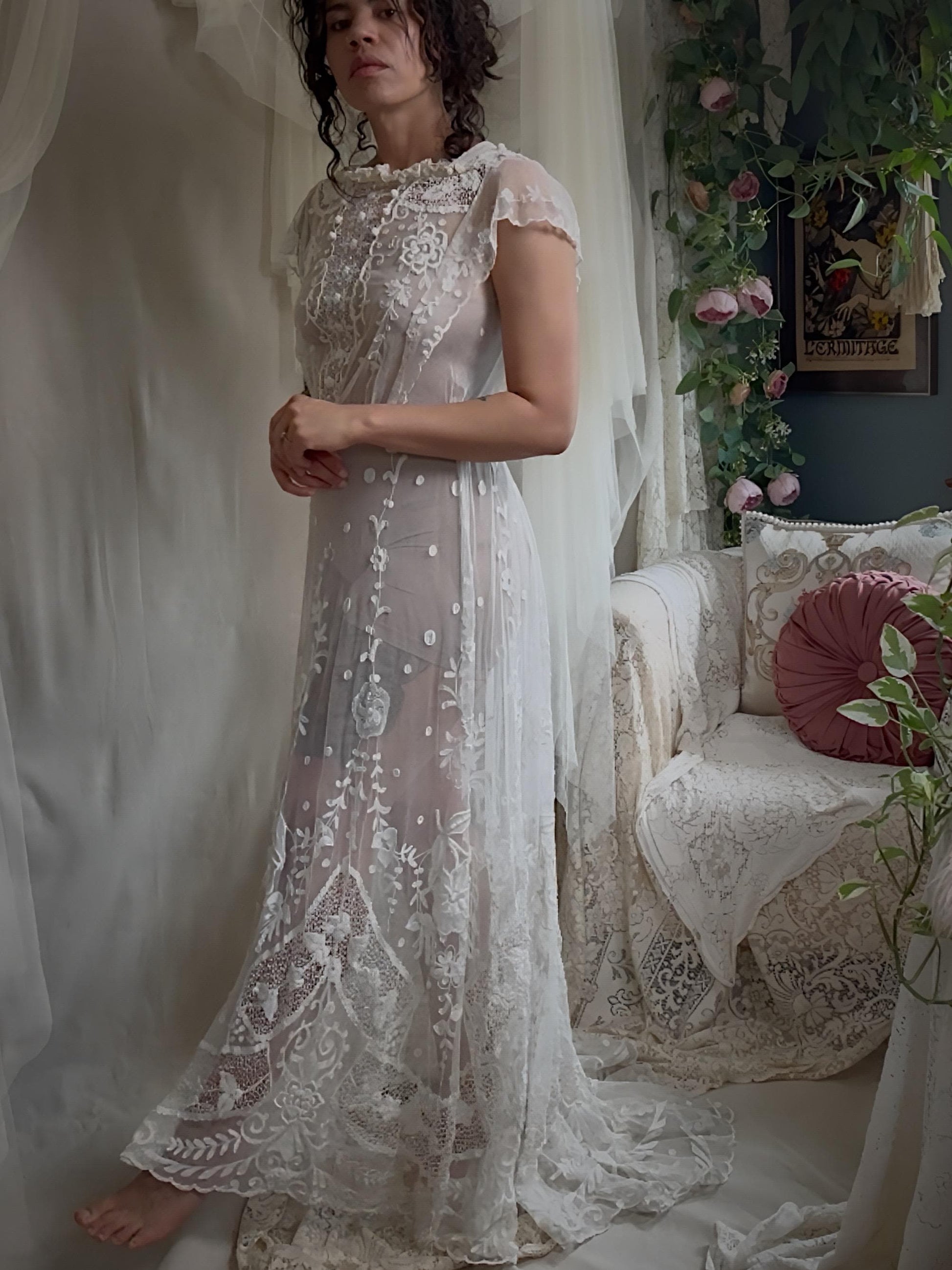 Antique 1910s Edwardian Wedding Dress - White Cotton Mixed Lace with Floral Embroidery | Small, Medium