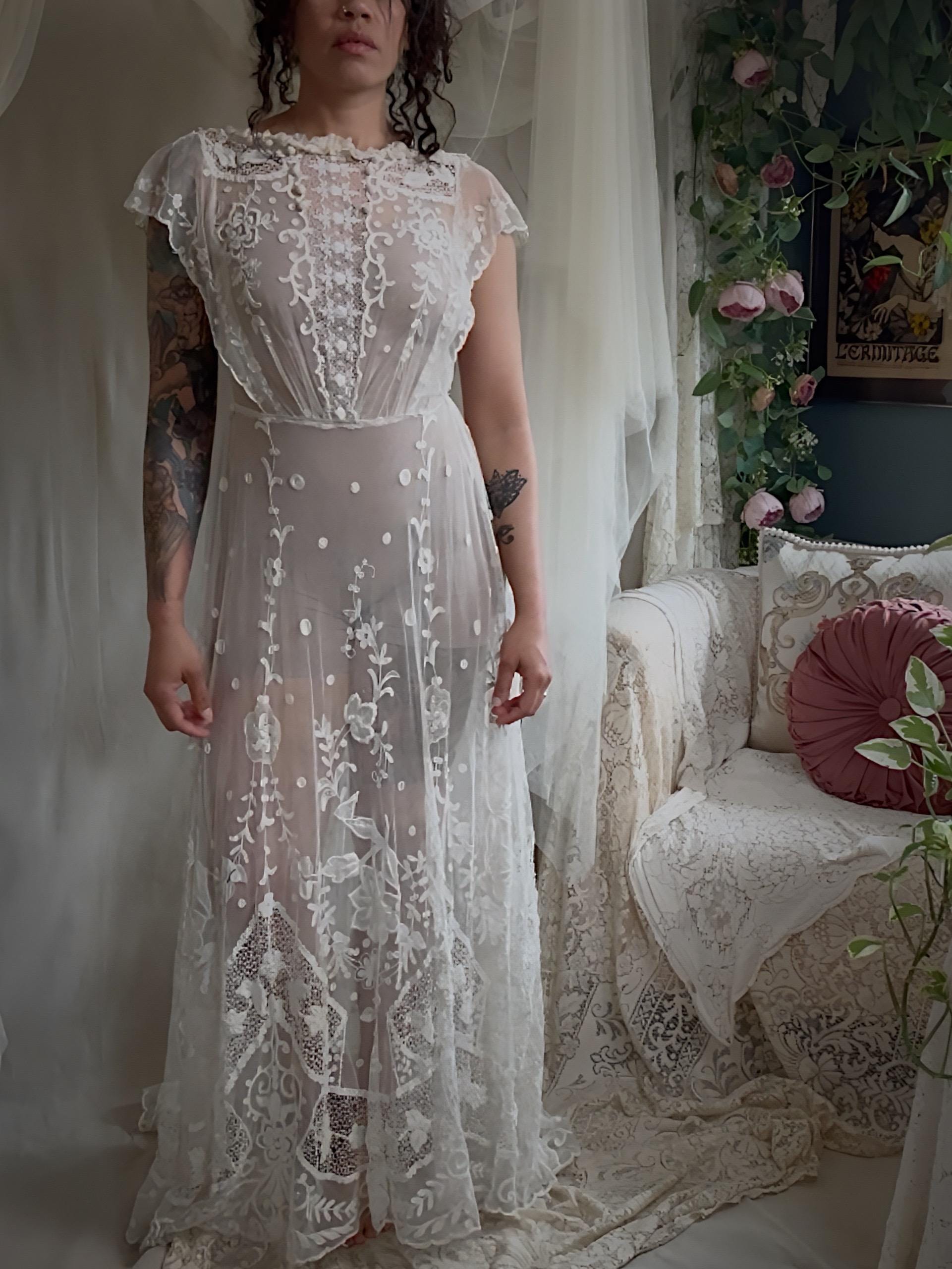 Antique 1910s Edwardian Wedding Dress - White Cotton Mixed Lace with Floral Embroidery