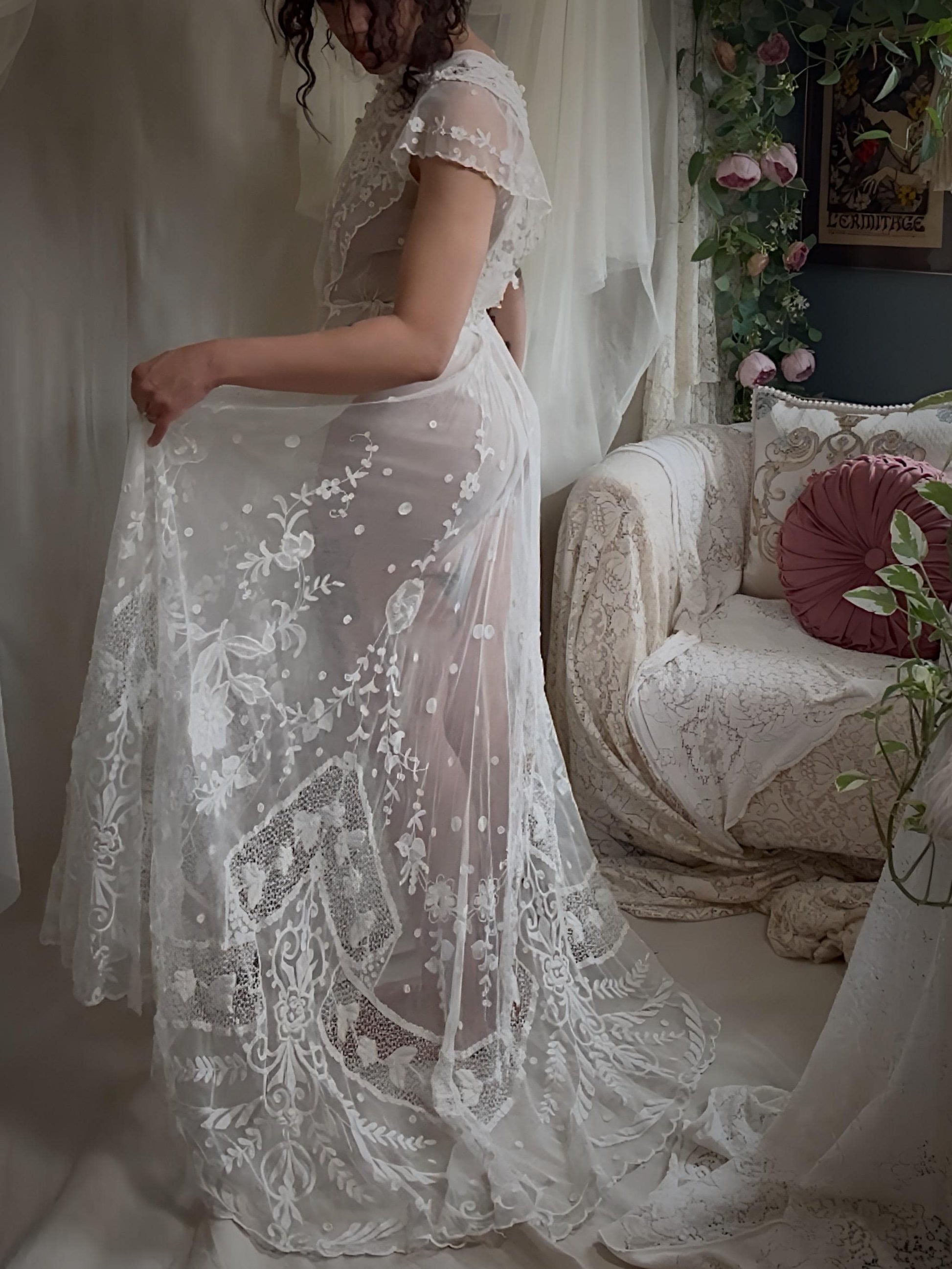 1910s Vintage Edwardian Wedding Dress - White Cotton Lace | Floral Embroidery & Train Daggers & Dames 1910s Vintage Edwardian Wedding Dress - White Cotton Lace | Floral Embroidery & Train Daggers & Dames