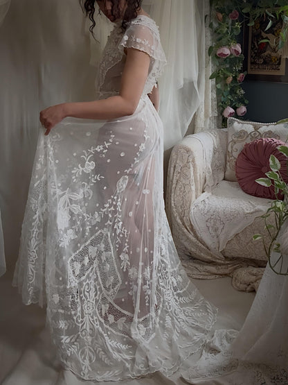 Antique 1910s Edwardian Wedding Dress - White Cotton Mixed Lace with Floral Embroidery | Small, Medium
