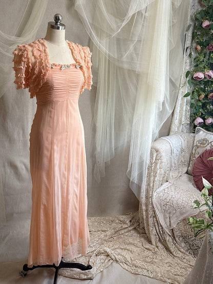 Vintage 1930's Dress & Bolero Set - Coral Pink Silk Crepe Chiffon with Ruched Detail | XS - Daggers & Dames
