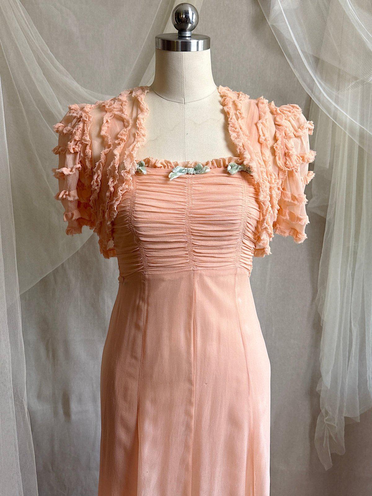Vintage 1930's Dress & Bolero Set - Coral Pink Silk Crepe Chiffon with Ruched Detail | XS - Daggers & Dames