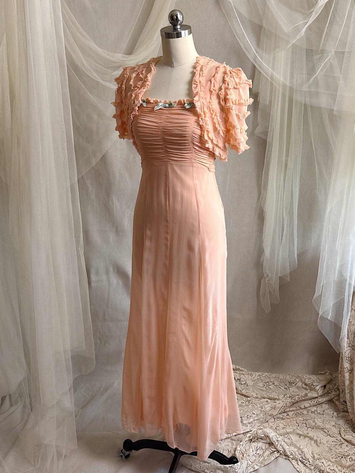 Vintage 1930's Dress & Bolero Set - Coral Pink Silk Crepe Chiffon with Ruched Detail | XS - Daggers & Dames