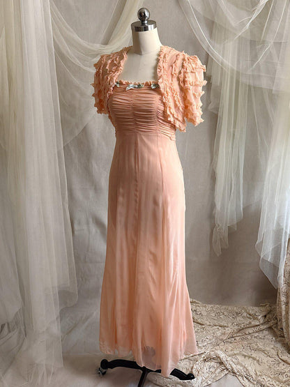 Vintage 1930's Dress & Bolero Set - Coral Pink Silk Crepe Chiffon with Ruched Detail | XS - Daggers & Dames