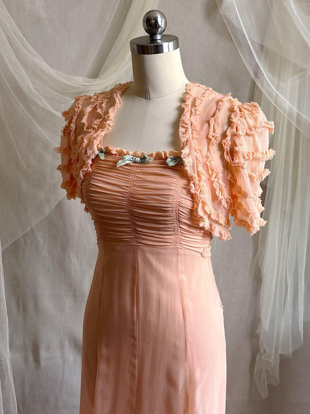 Vintage 1930's Dress & Bolero Set - Coral Pink Silk Crepe Chiffon with Ruched Detail | XS - Daggers & Dames