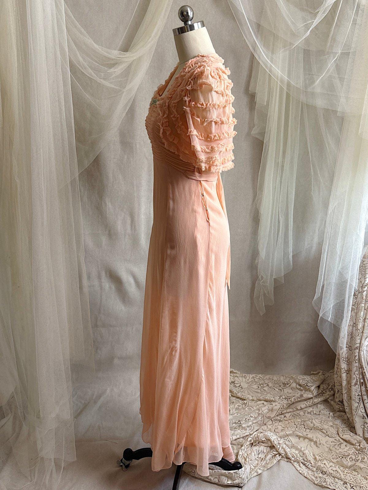 Vintage 1930's Dress & Bolero Set - Coral Pink Silk Crepe Chiffon with Ruched Detail | XS - Daggers & Dames