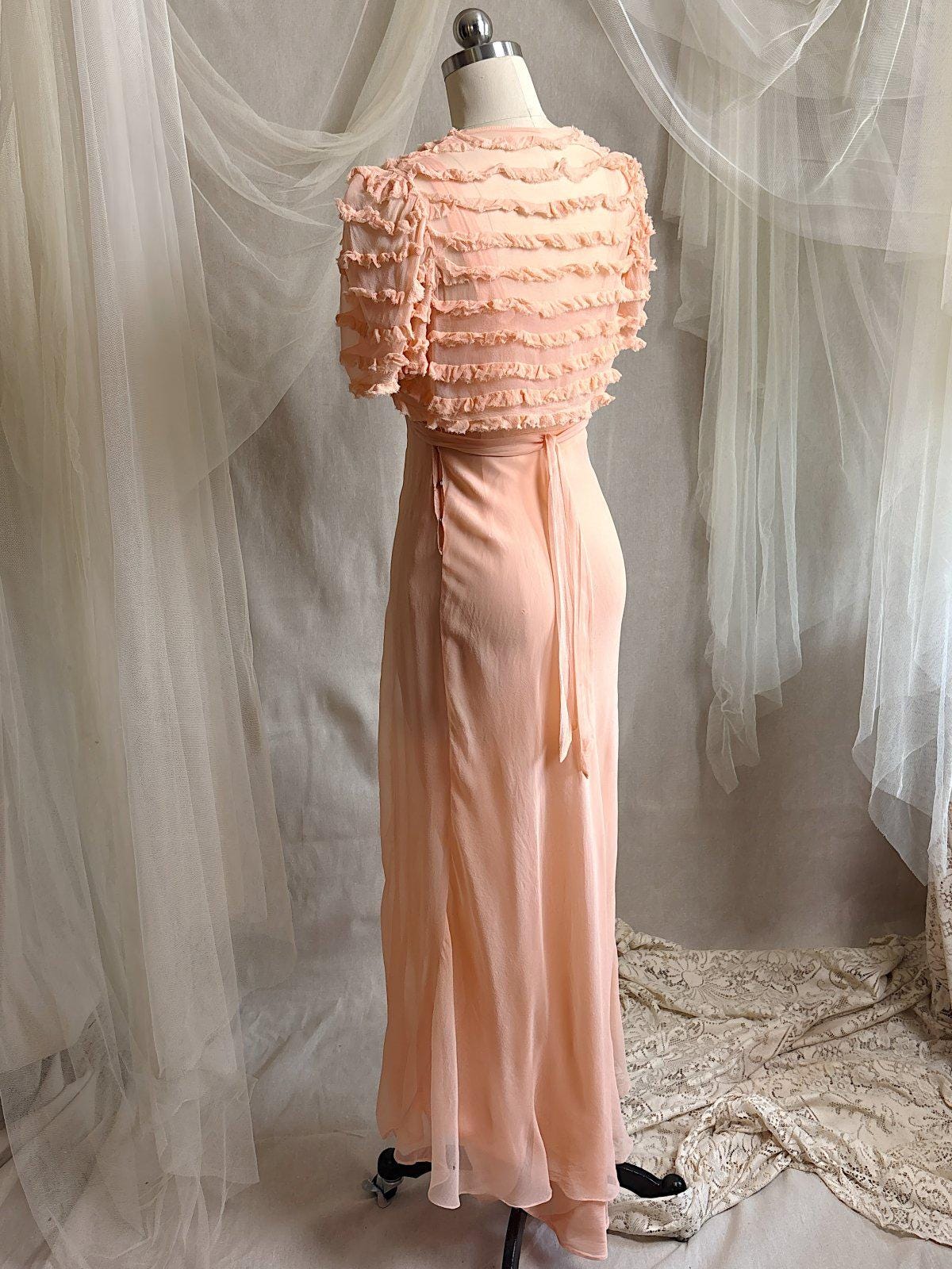 Vintage 1930's Dress & Bolero Set - Coral Pink Silk Crepe Chiffon with Ruched Detail | XS - Daggers & Dames