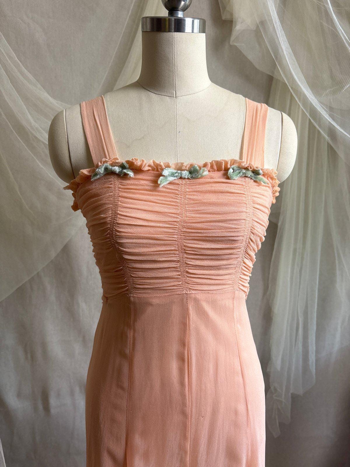 Vintage 1930's Dress & Bolero Set - Coral Pink Silk Crepe Chiffon with Ruched Detail | XS - Daggers & Dames